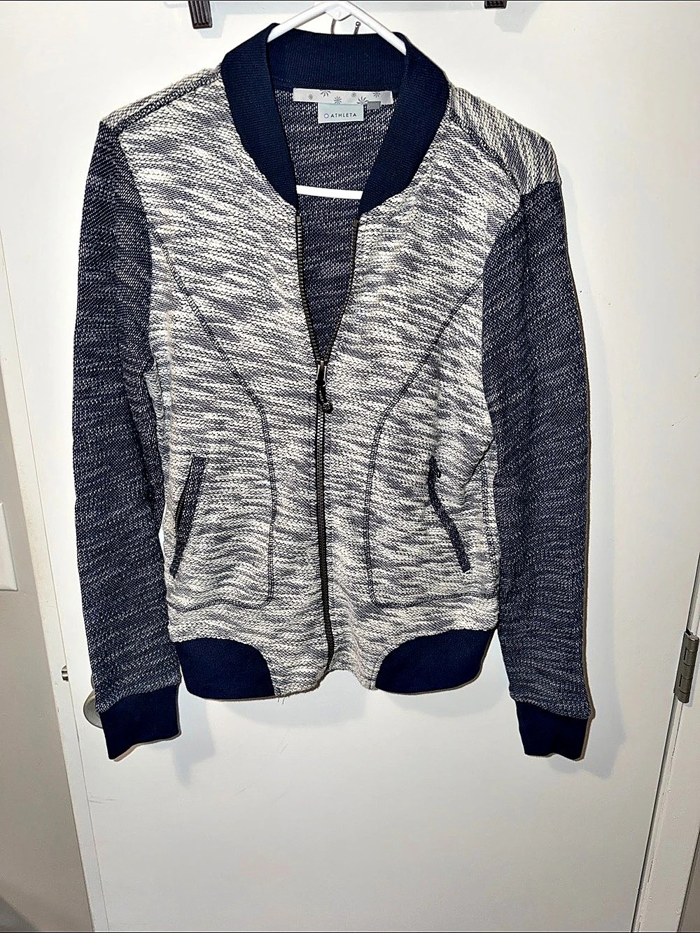 Athleta Textured Bomber Jacket in Blue & White Size Medium Like New